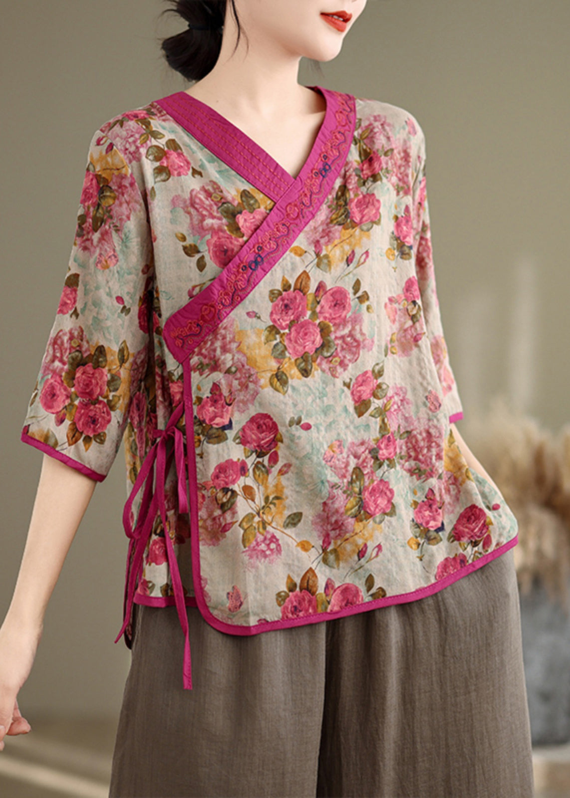 Art Red Embroidered Print Linen Top Half Sleeve