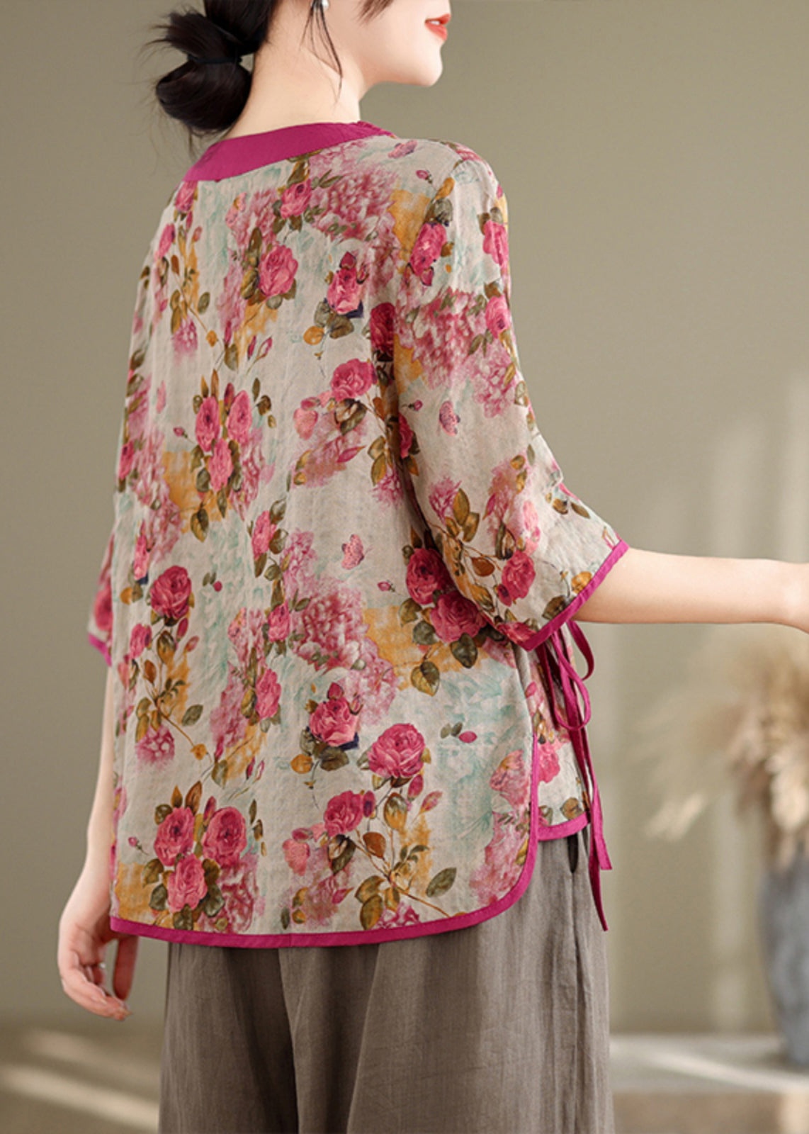 Art Red Embroidered Print Linen Top Half Sleeve