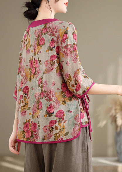 Art Red Embroidered Print Linen Top Half Sleeve