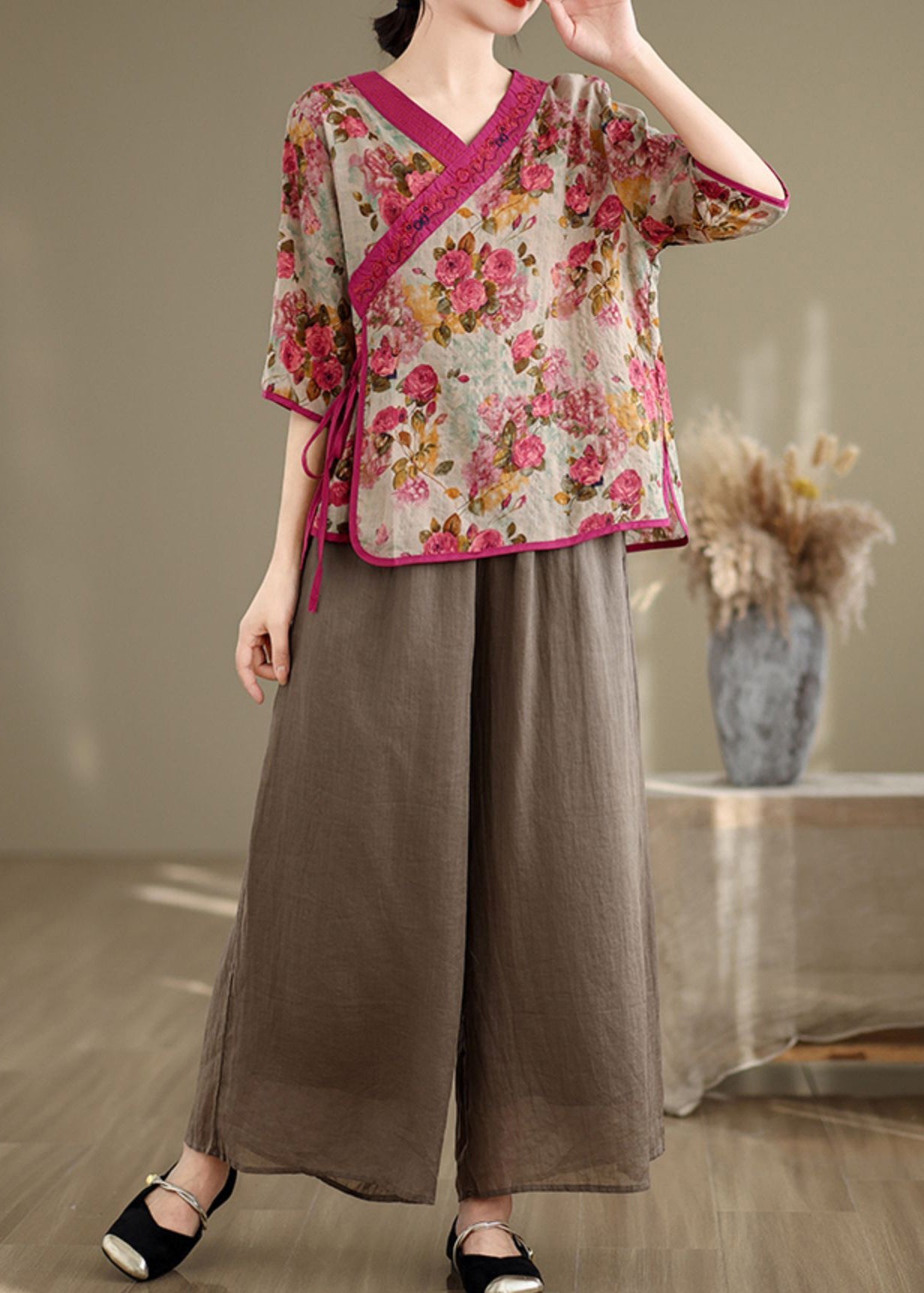 Art Red Embroidered Print Linen Top Half Sleeve