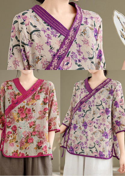 Art Red Embroidered Print Linen Top Half Sleeve
