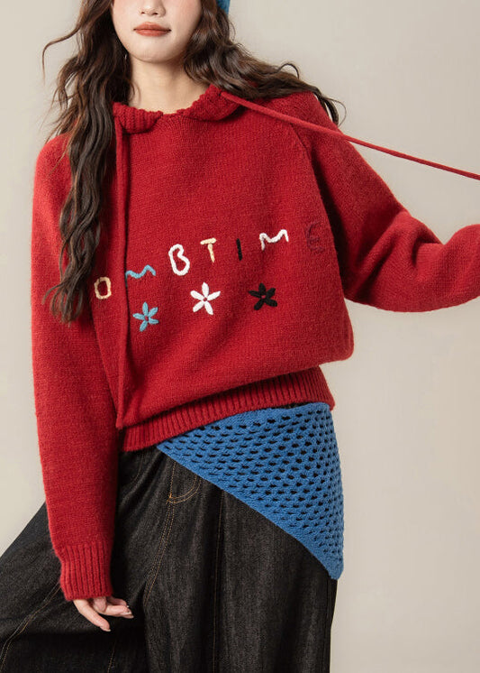 Kunstvolle rote Kapuzenpullover mit Stickerei, Frühling