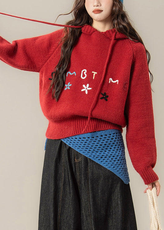 Kunstvolle rote Kapuzenpullover mit Stickerei, Frühling