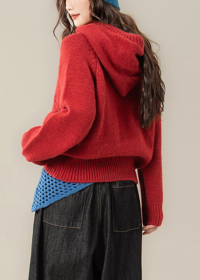 Art Red Hooded Embroidered Knit Sweaters Spring