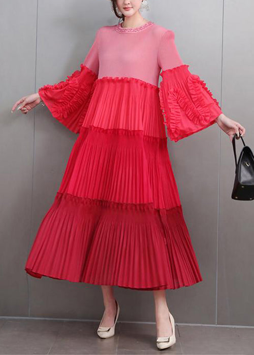 Art Red Nail Bead Wrinkled Patchwork Long Dresses Flare Sleeve