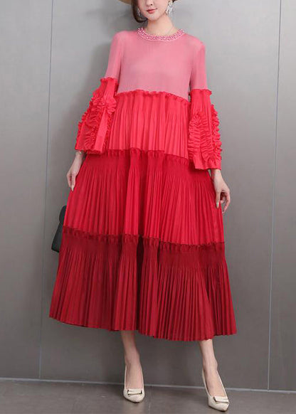 Art Red Nail Bead Wrinkled Patchwork Long Dresses Flare Sleeve
