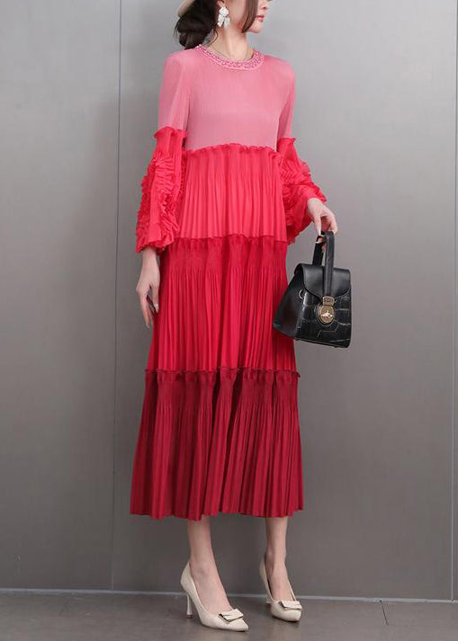 Art Red Nail Bead Wrinkled Patchwork Long Dresses Flare Sleeve