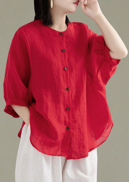 Art Green O-Neck Button Linen Loose Shirt Top Lantern Sleeve