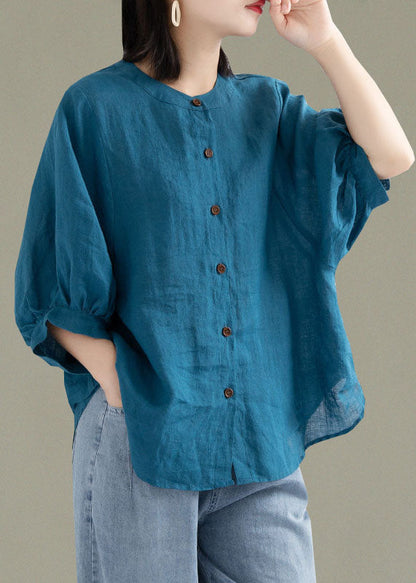 Art Black O-Neck Button Linen Loose Shirt Top Lantern Sleeve