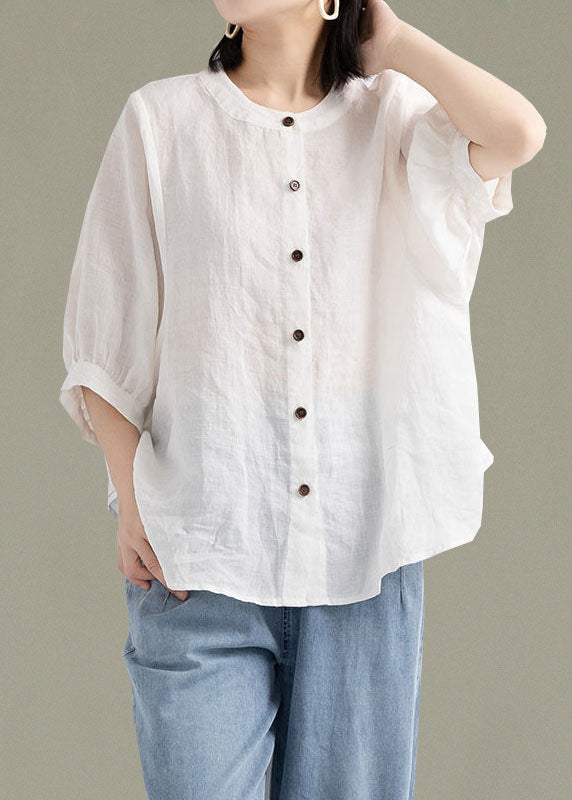 Art Black O-Neck Button Linen Loose Shirt Top Lantern Sleeve