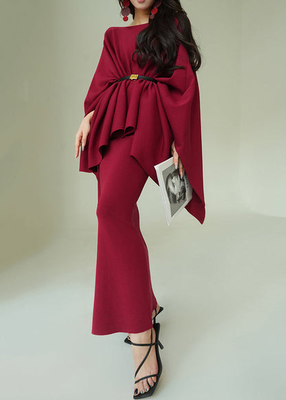 Art Red O-Neck Coat And Spaghetti Strap Dress Knit Two Piece Set Spring