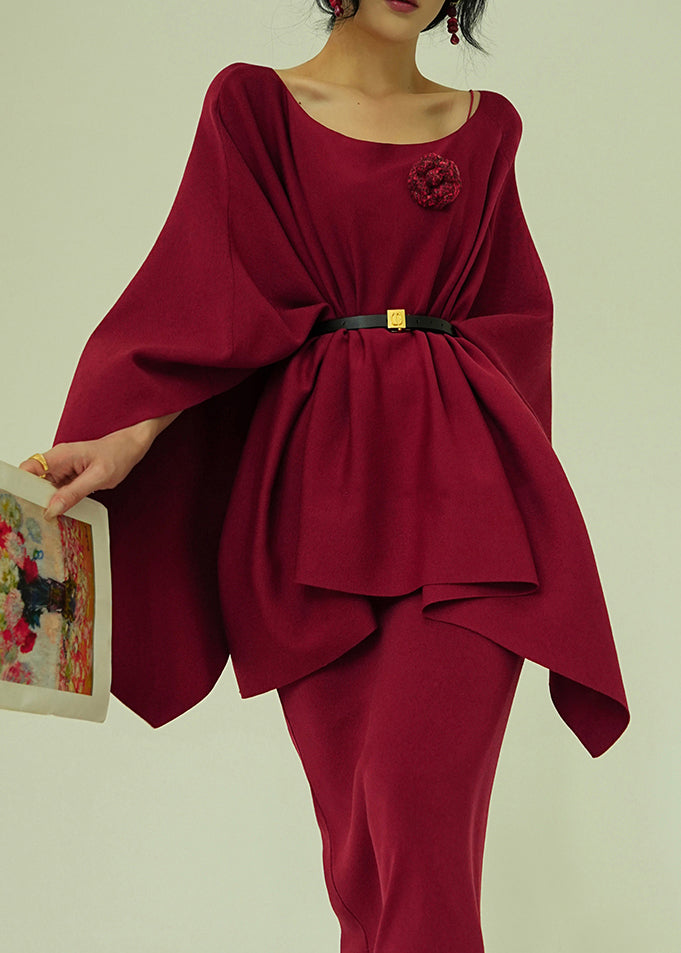 Art Red O-Neck Coat And Spaghetti Strap Dress Knit Two Piece Set Spring