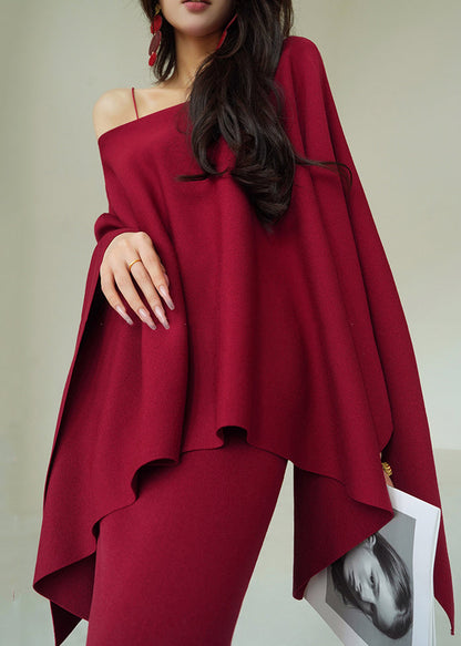 Art Red O-Neck Coat And Spaghetti Strap Dress Knit Two Piece Set Spring