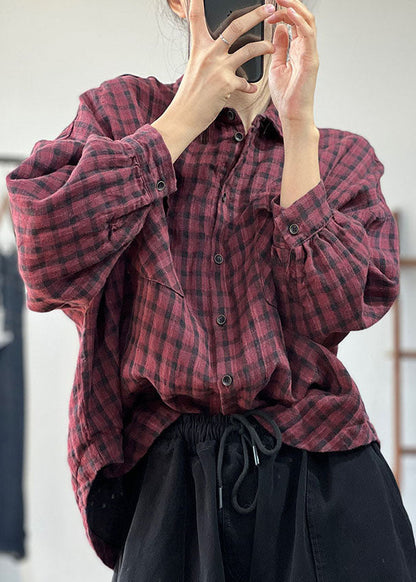 Art Red Oversized Plaid Linen Shirt Tops Fall