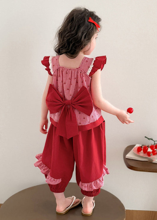Art Red Plaid Patchwork Girls Vest And Lantern Pants Two Piece Set Summer