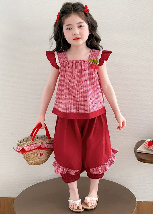 Art Red Plaid Patchwork Girls Vest And Lantern Pants Two Piece Set Summer