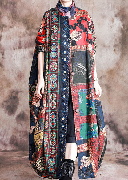 Kunst Rot Druck Knopf Patchwork asymmetrisches Design Herbst Mäntel Langarm