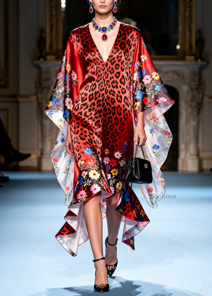 Art Red Ruffled Asymmetrical Design Patchwork Silk Dresses Summer
