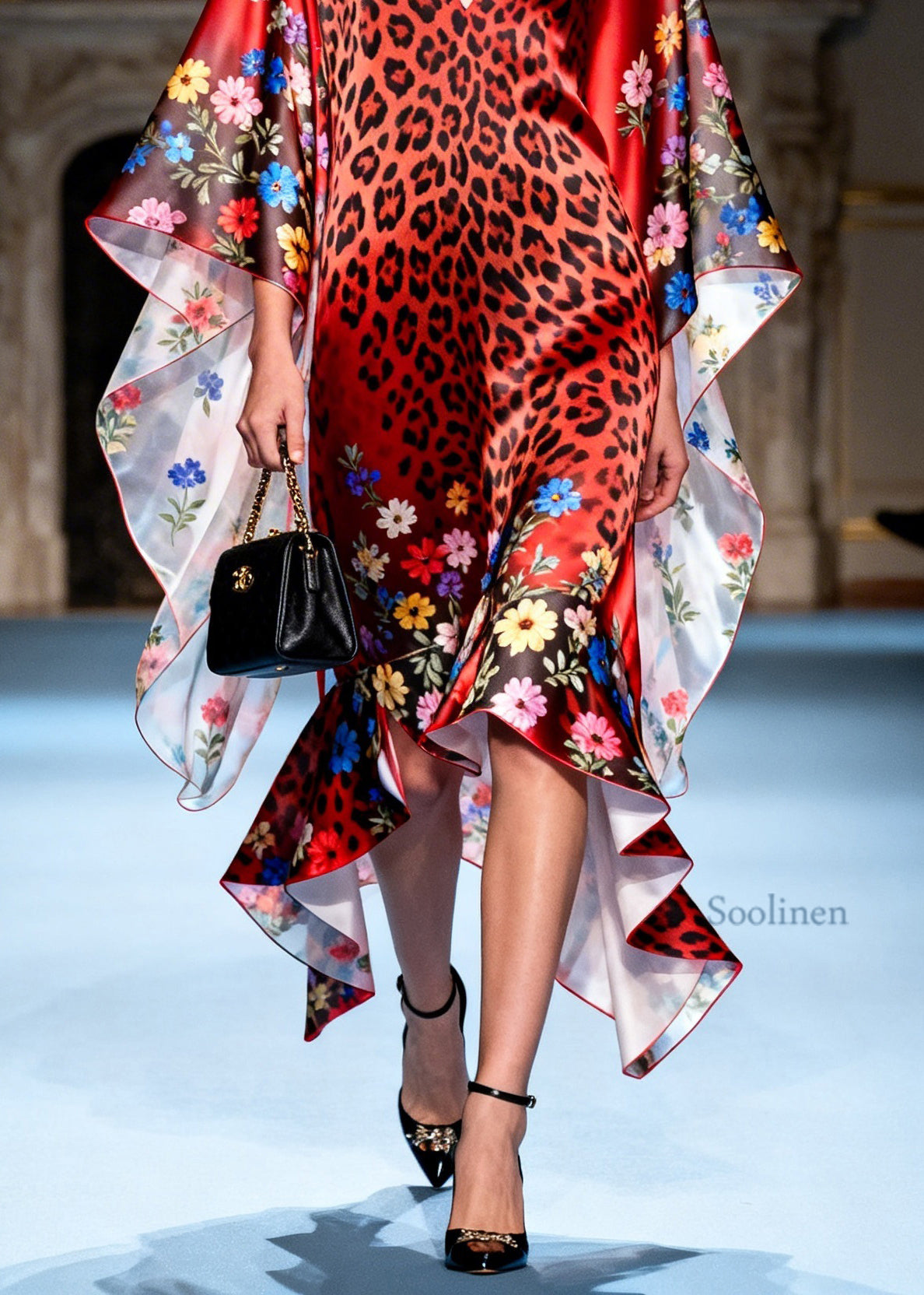 Art Red Ruffled Asymmetrical Design Patchwork Silk Dresses Summer