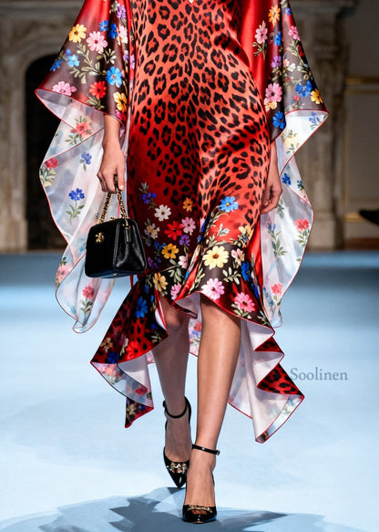 Art Red Ruffled Asymmetrical Design Patchwork Silk Dresses Summer