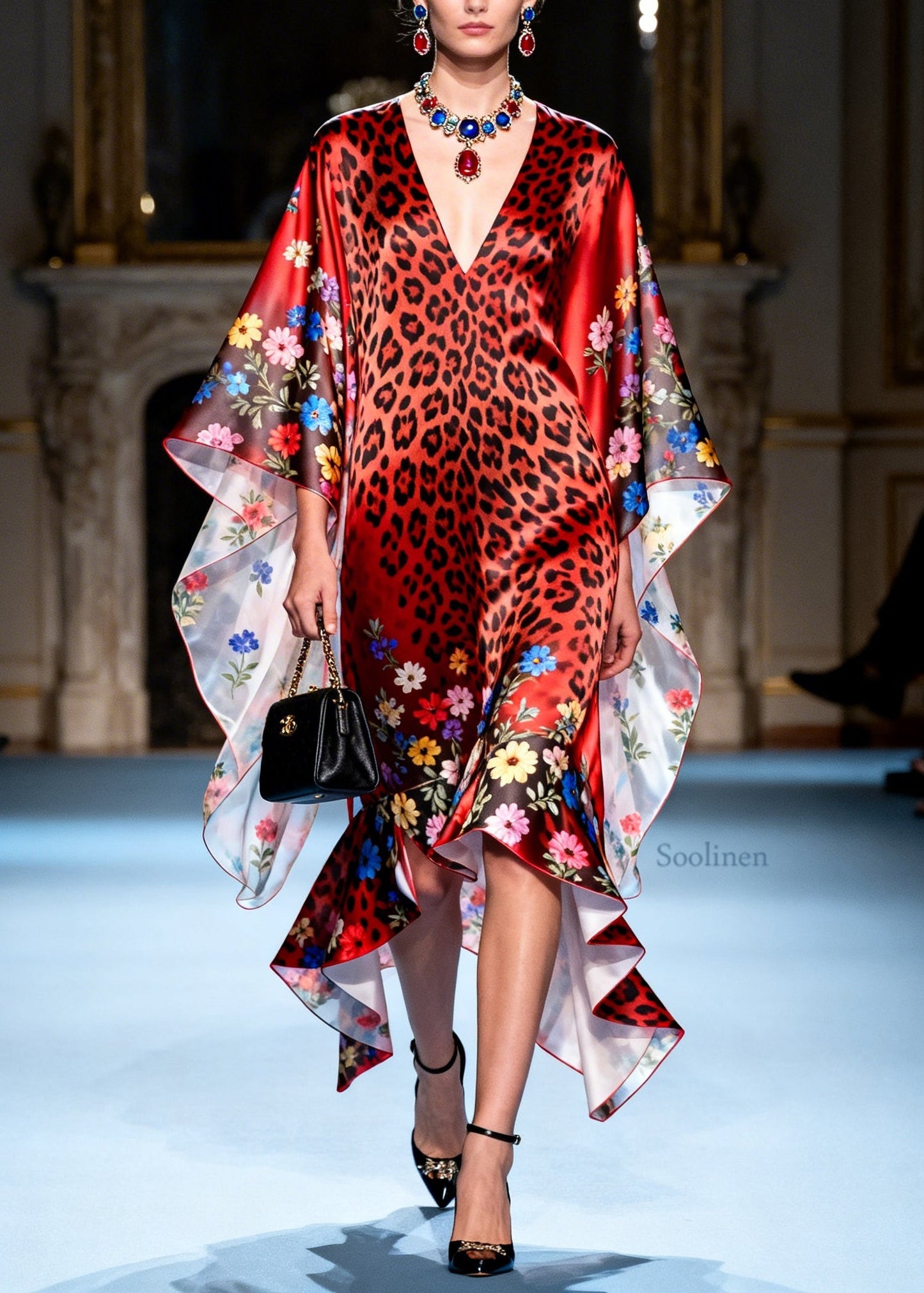 Art Red Ruffled Asymmetrical Design Patchwork Silk Dresses Summer