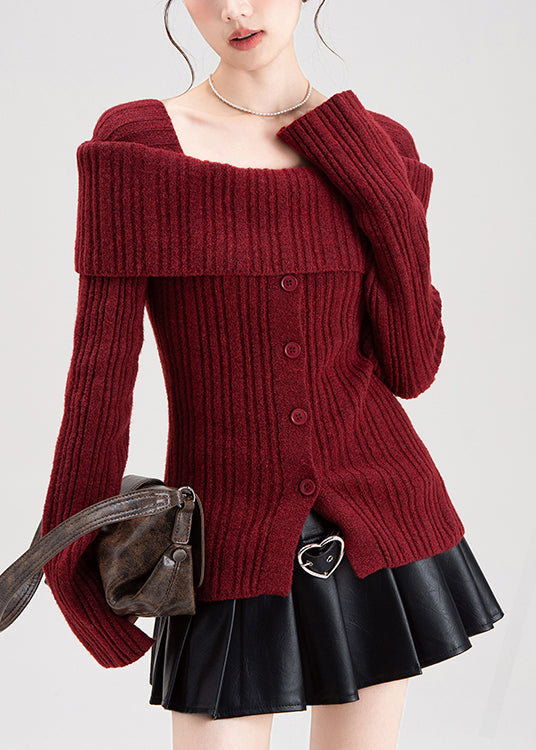 Roter Strickcardigan mit quadratischem Kragen und seitlicher Öffnung – Winter