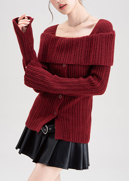 Roter Strickcardigan mit quadratischem Kragen und seitlicher Öffnung – Winter