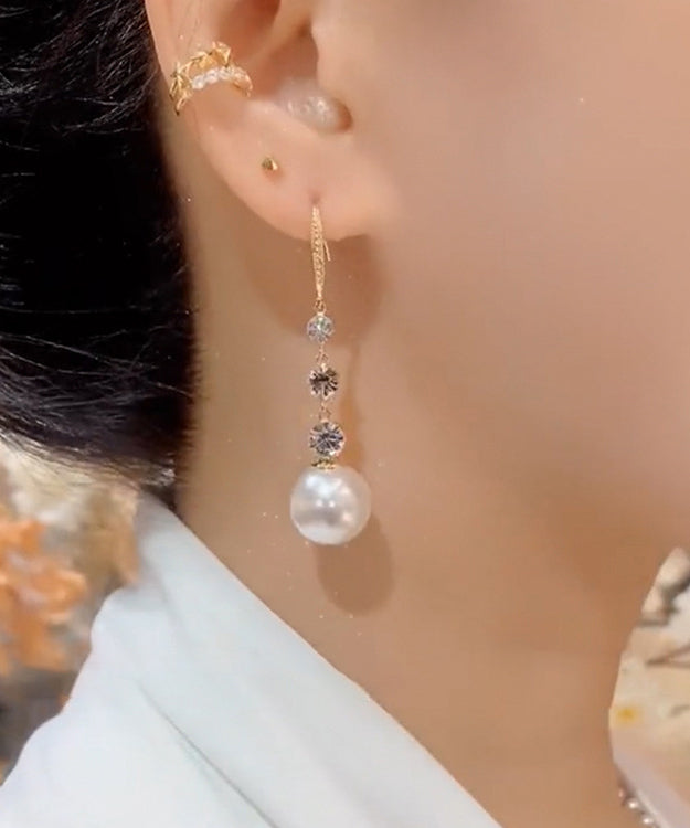 Pendientes colgantes de bola de circonita y perla dorada en plata de ley roja