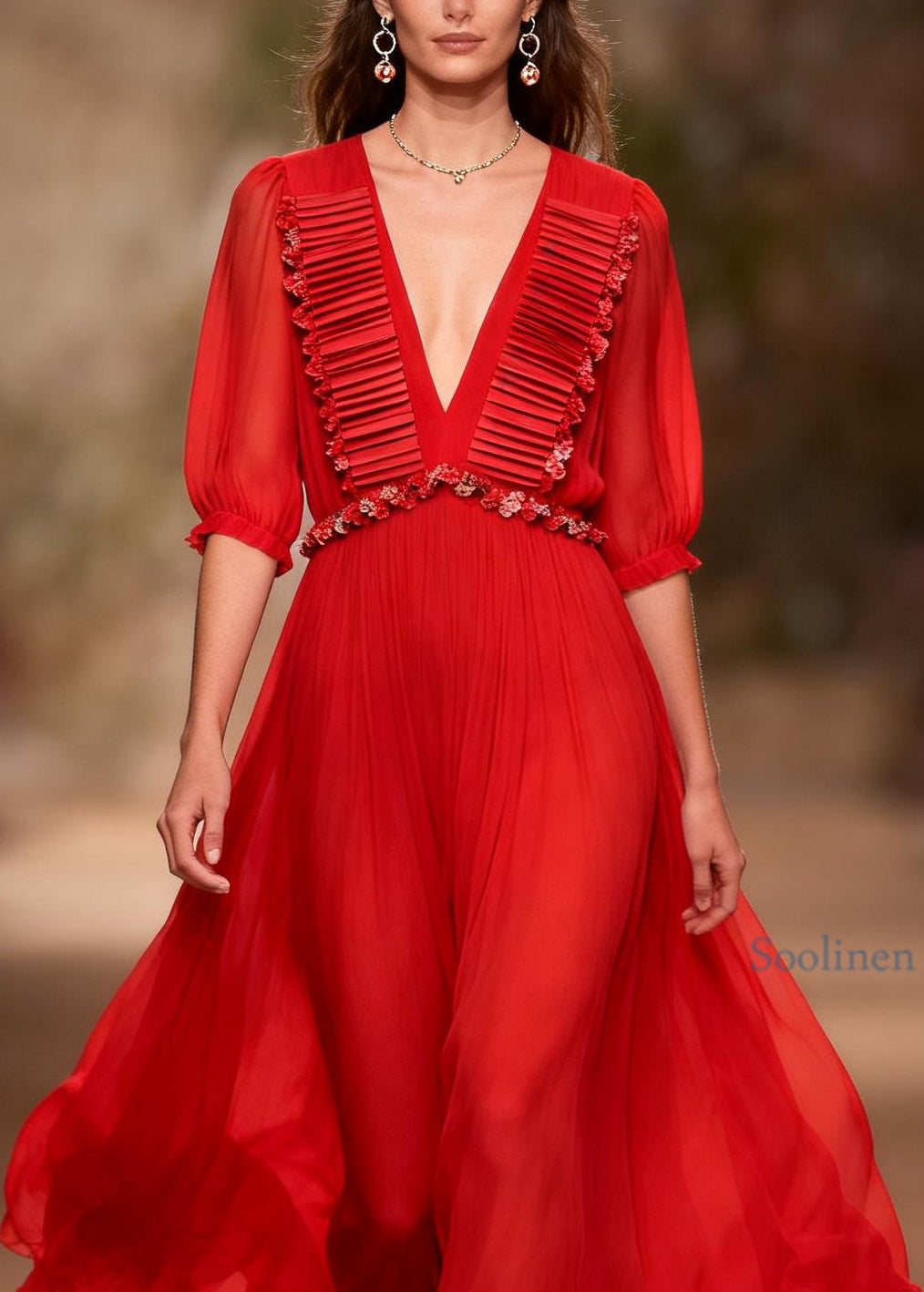 Art Red V Neck Floral Patchwork Chiffon Maxi Dresses Summer