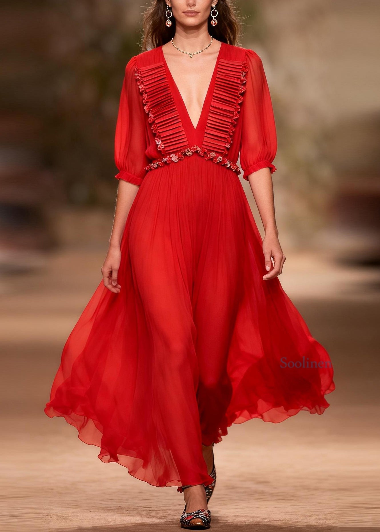 Art Red V Neck Floral Patchwork Chiffon Maxi Dresses Summer