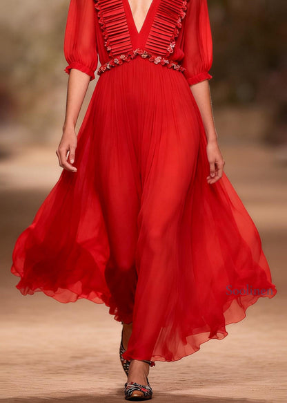 Art Red V Neck Floral Patchwork Chiffon Maxi Dresses Summer