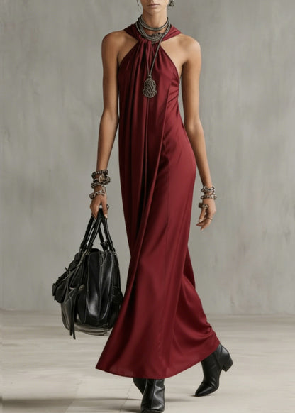 Art Red Wrinkled Cold Shoulder Solid Long Dresses Summer