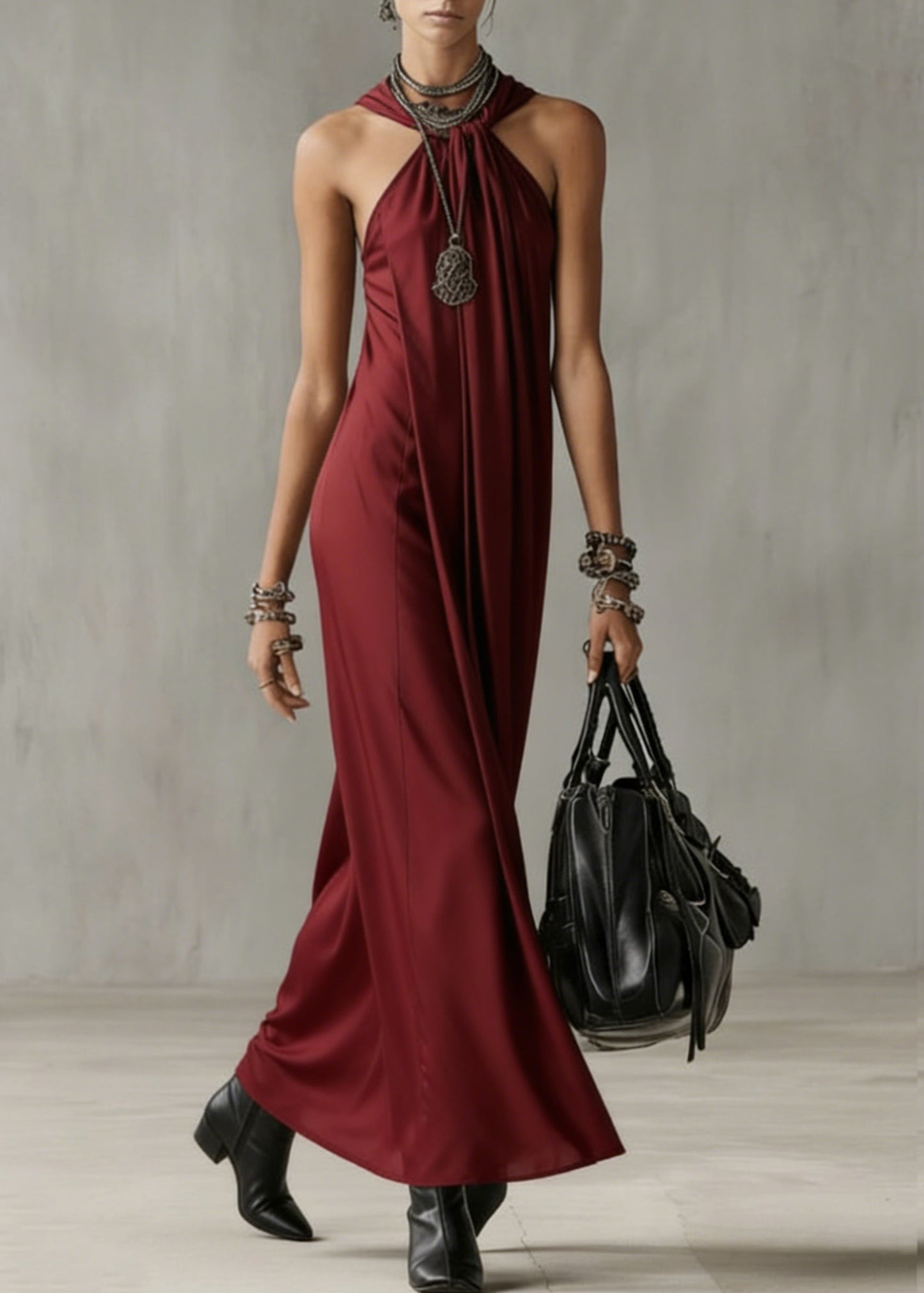 Art Red Wrinkled Cold Shoulder Solid Long Dresses Summer