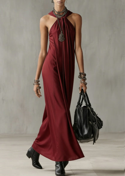 Art Red Wrinkled Cold Shoulder Solid Long Dresses Summer