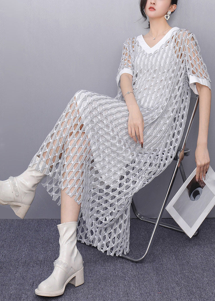 Art Silk V Neck Sheer Vacation Long Dresses Summer