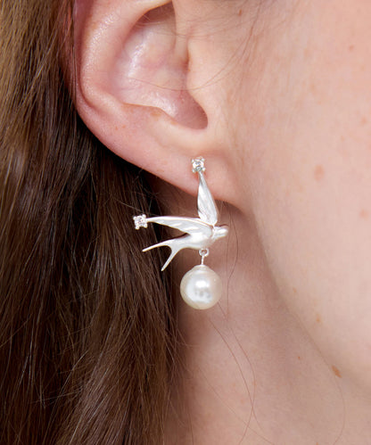 Art Silver Zircon Little Bird Pearl Silver Drop Earrings