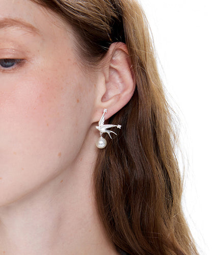 Art Silver Zircon Little Bird Pearl Silver Drop Earrings