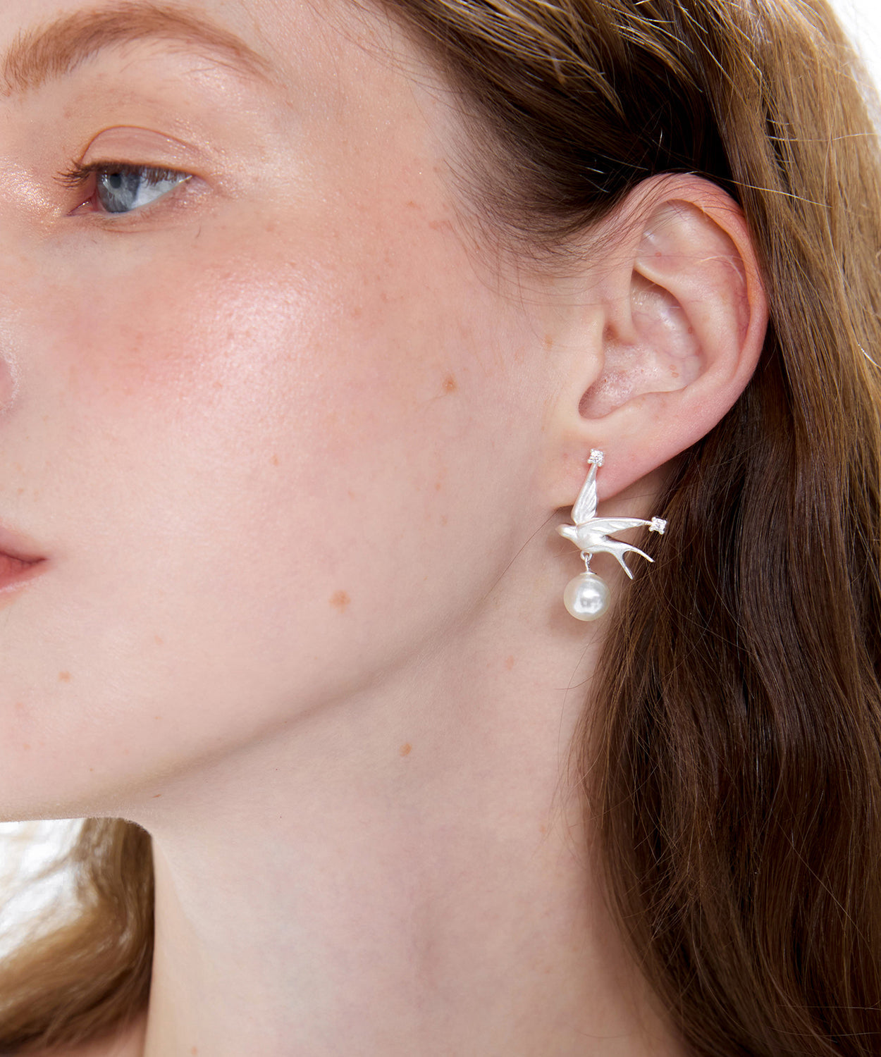 Art Silver Zircon Little Bird Pearl Silver Drop Earrings