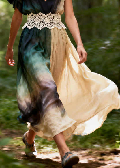 Art Tie Dye Asymmetrical Patchwork Cotton Ankle Dress Summer