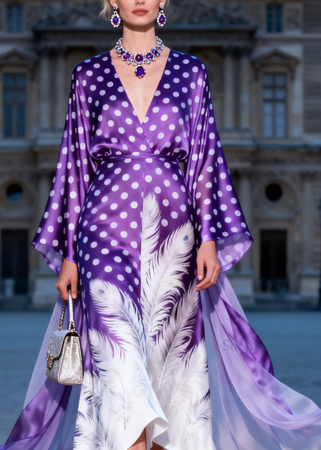 Art V Neck Dot Feather Print Silk Ankle Dress Dress Summer