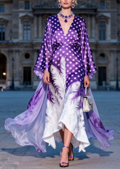 Art V Neck Dot Feather Print Silk Ankle Dress Dress Summer