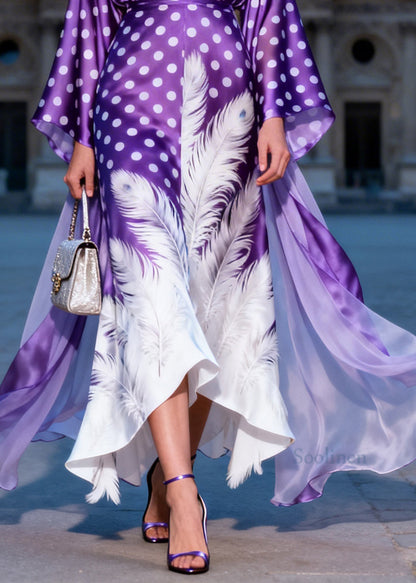 Art V Neck Dot Feather Print Silk Ankle Dress Dress Summer