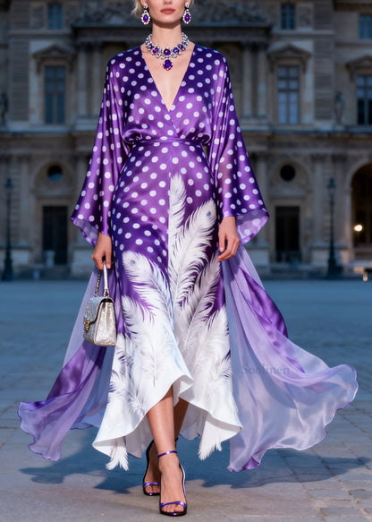 Art V Neck Dot Feather Print Silk Ankle Dress Dress Summer