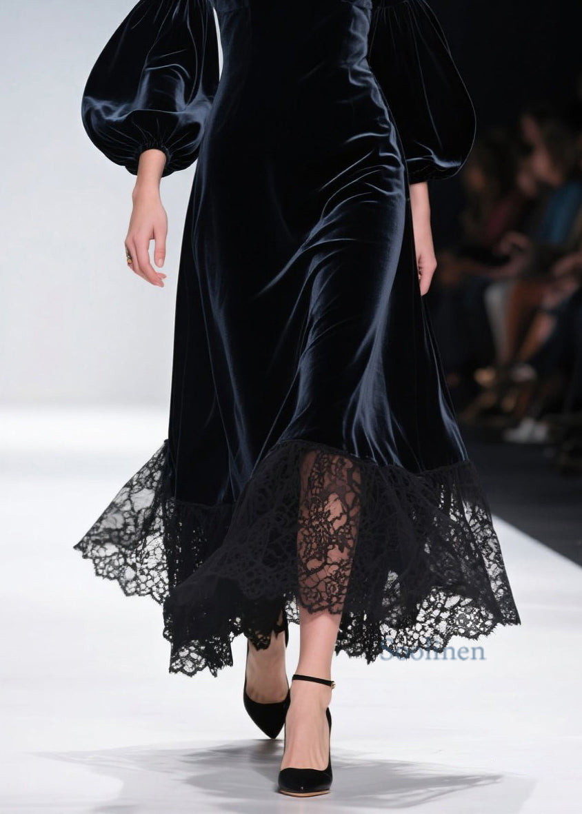 Vestidos largos de terciopelo con cuello en V, encaje y patchwork, mangas farol