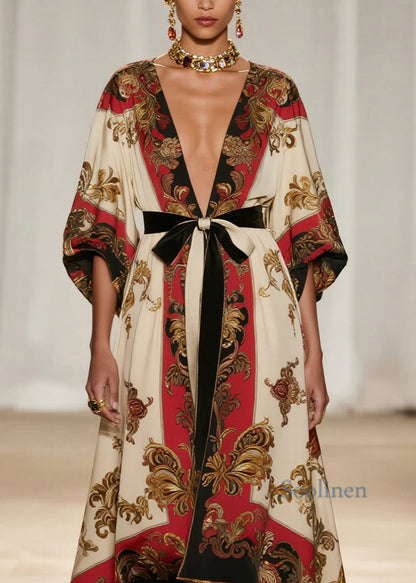 Vestido de algodón con cuello en V, estampado artístico, diseño bajo y alto, hasta el tobillo, primavera