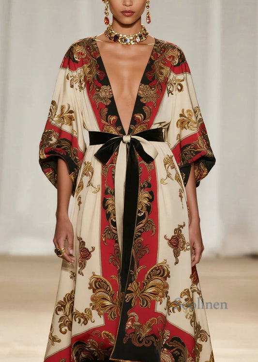 Vestido de algodón con cuello en V, estampado artístico, diseño bajo y alto, hasta el tobillo, primavera