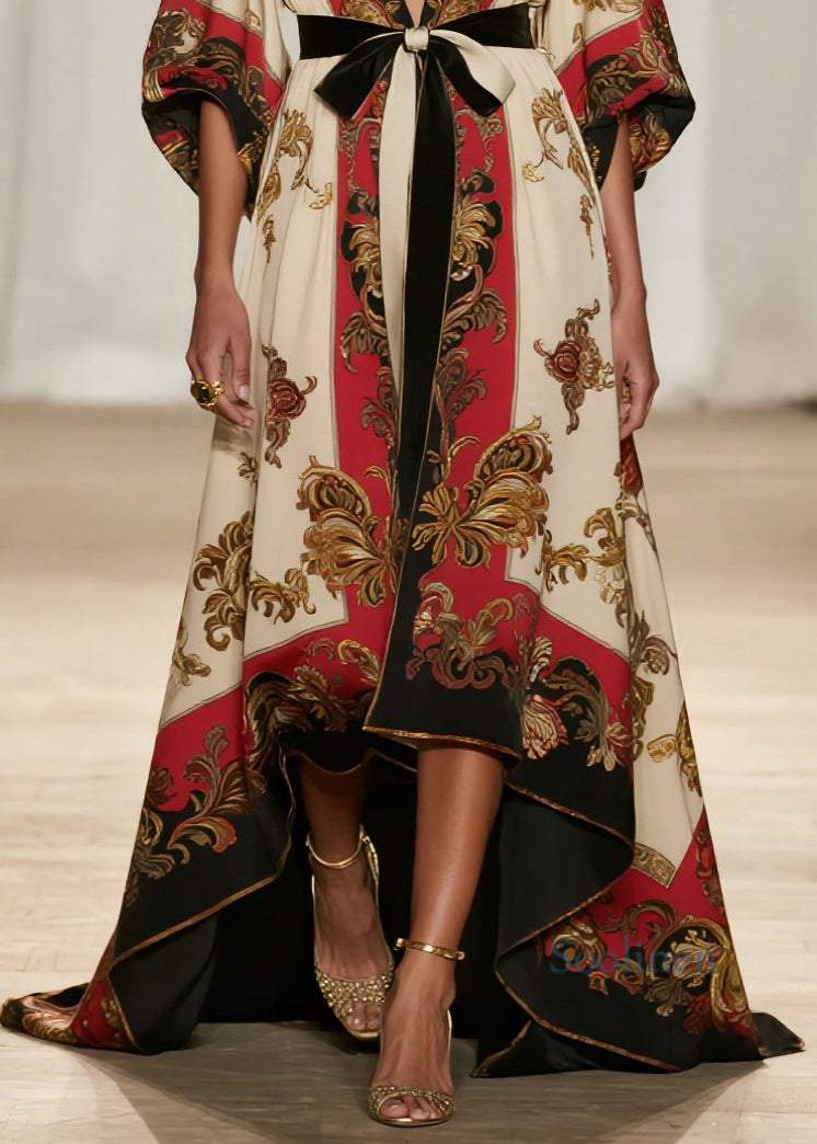 Vestido de algodón con cuello en V, estampado artístico, diseño bajo y alto, hasta el tobillo, primavera