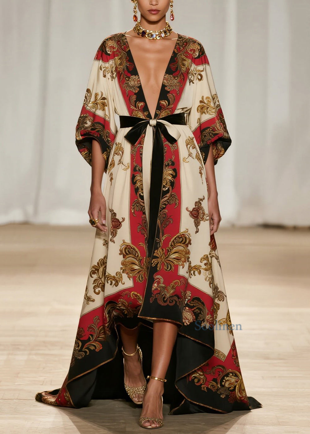 Vestido de algodón con cuello en V, estampado artístico, diseño bajo y alto, hasta el tobillo, primavera