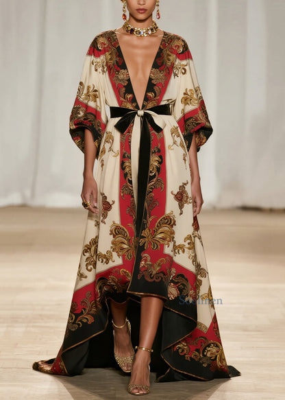 Vestido de algodón con cuello en V, estampado artístico, diseño bajo y alto, hasta el tobillo, primavera