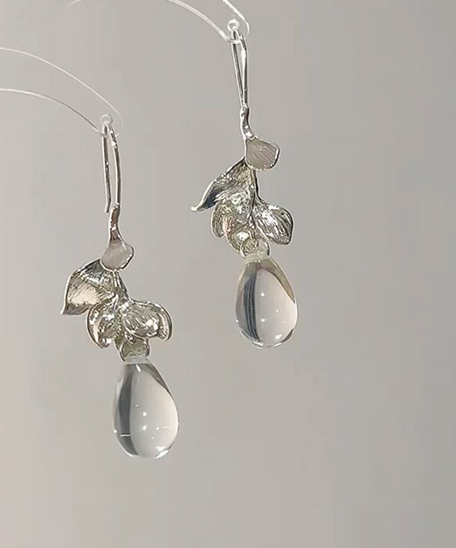Art White Alloy Glass Leaves Water Droplet Drop Earrings